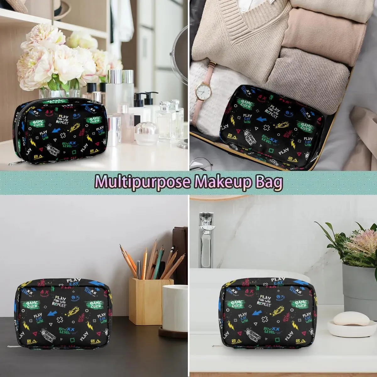 Kids Toiletry Bag for Boys, Cute Small Play Eat Win Wash Bag for Little Young Boys Waterproof Cosmetic Weekender Bag Toddler Traveling Toiletries