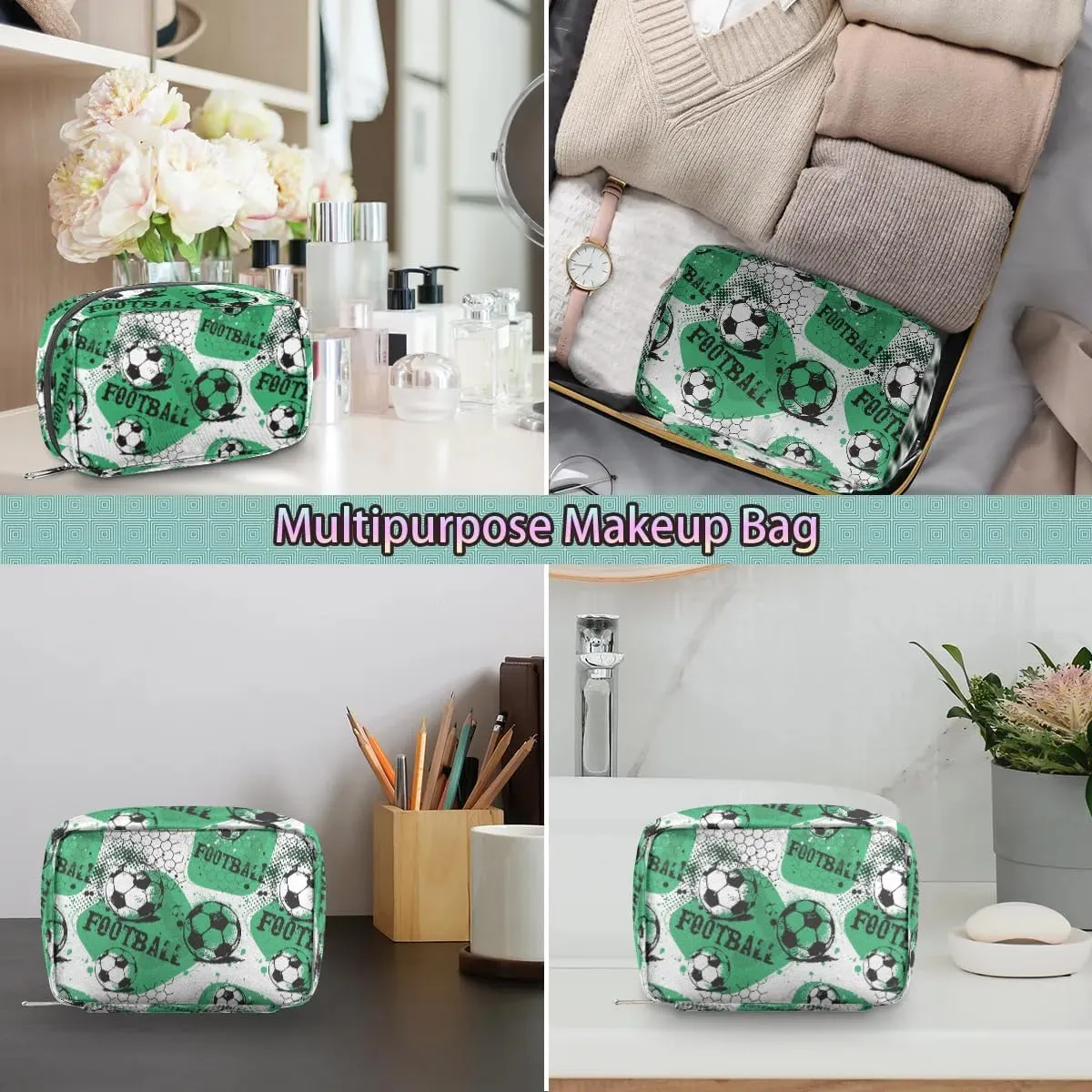 Kids Toiletry Bag for Boys, Small Cute Green Soccer Wash Bag for Little Young Boys Waterproof Cosmetic Weekender Bag Toddler Traveling Toiletries