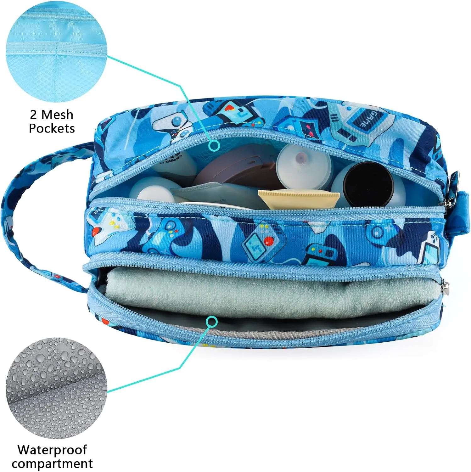 Kids Toiletry Bag for Boys, Travel Toiletry Bag for Little Young Boys Waterproof Hanging Wash Bag Toddler Traveling Toiletries, Games Camo Blue