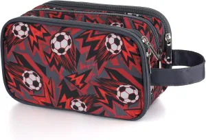 Kids Toiletry Bag for Boys, Travel Toiletry Bag for Little Young Boys Waterproof Hanging Wash Bag Toddler Traveling Toiletries, Red Soccer Balls