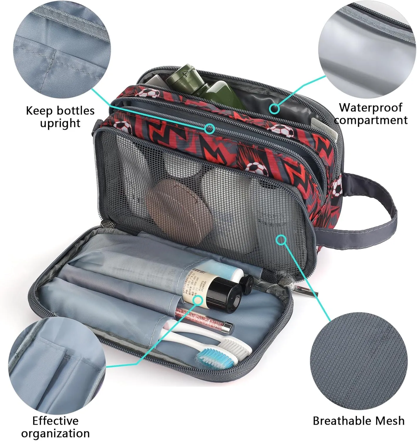 Kids Toiletry Bag for Boys, Travel Toiletry Bag for Little Young Boys Waterproof Hanging Wash Bag Toddler Traveling Toiletries, Red Soccer Balls