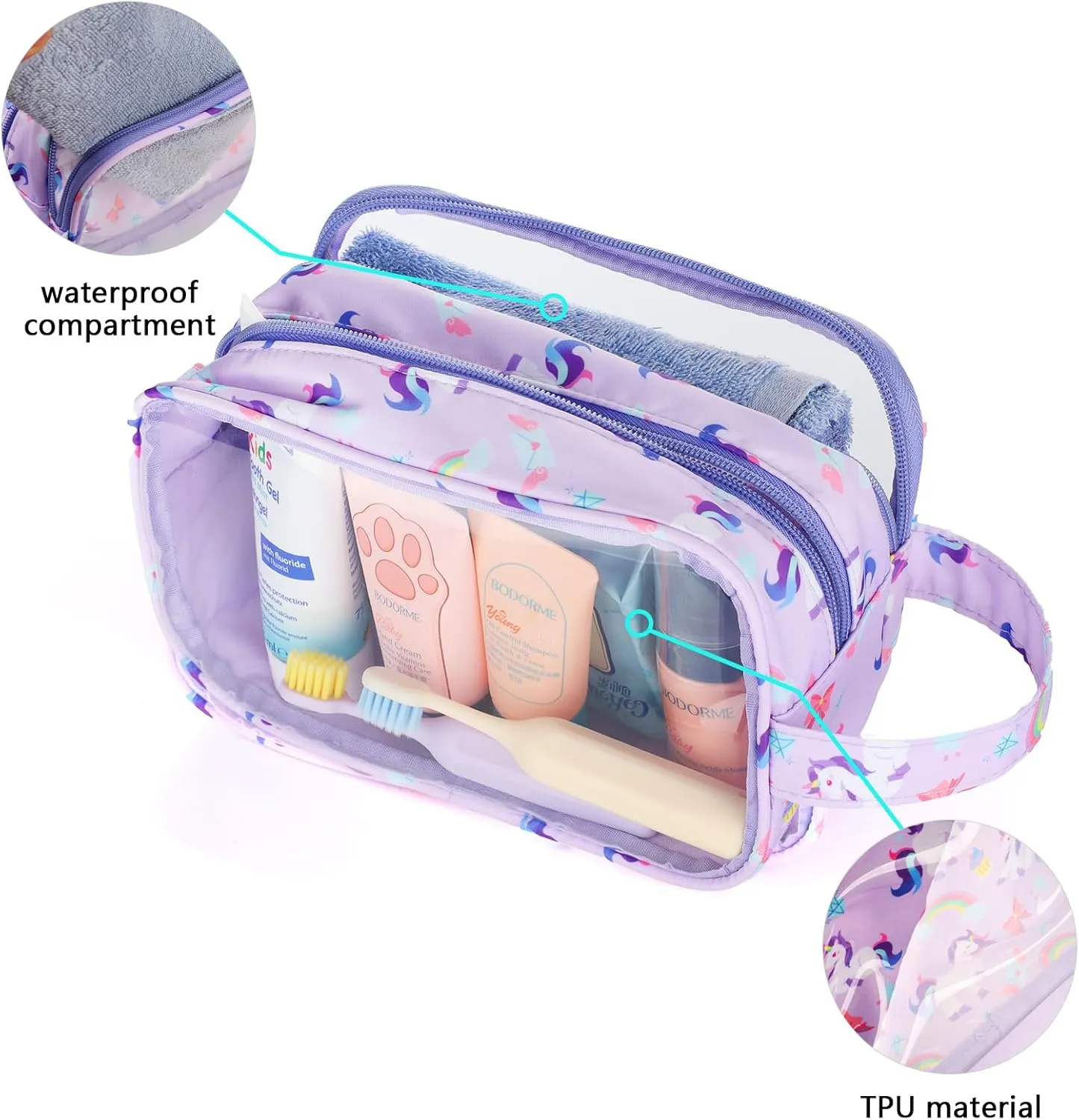Kids Toiletry Bag for Girls, Travel Clear Toiletry Bag for Little Young Girls Cosmetic Bag Makeup Bag Waterproof Hanging Toddler Wash Bag, Purple Unicorn