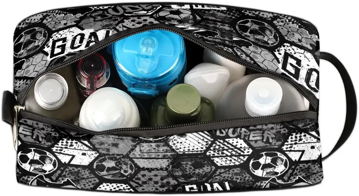 Kids Travel Toiletry Bag, Waterproof Hanging Dopp Kit for Teens Boys, Cool Black and White Soccer Switch Carrying Case Compatible with Nintendo Switch and New Switch OLED Console