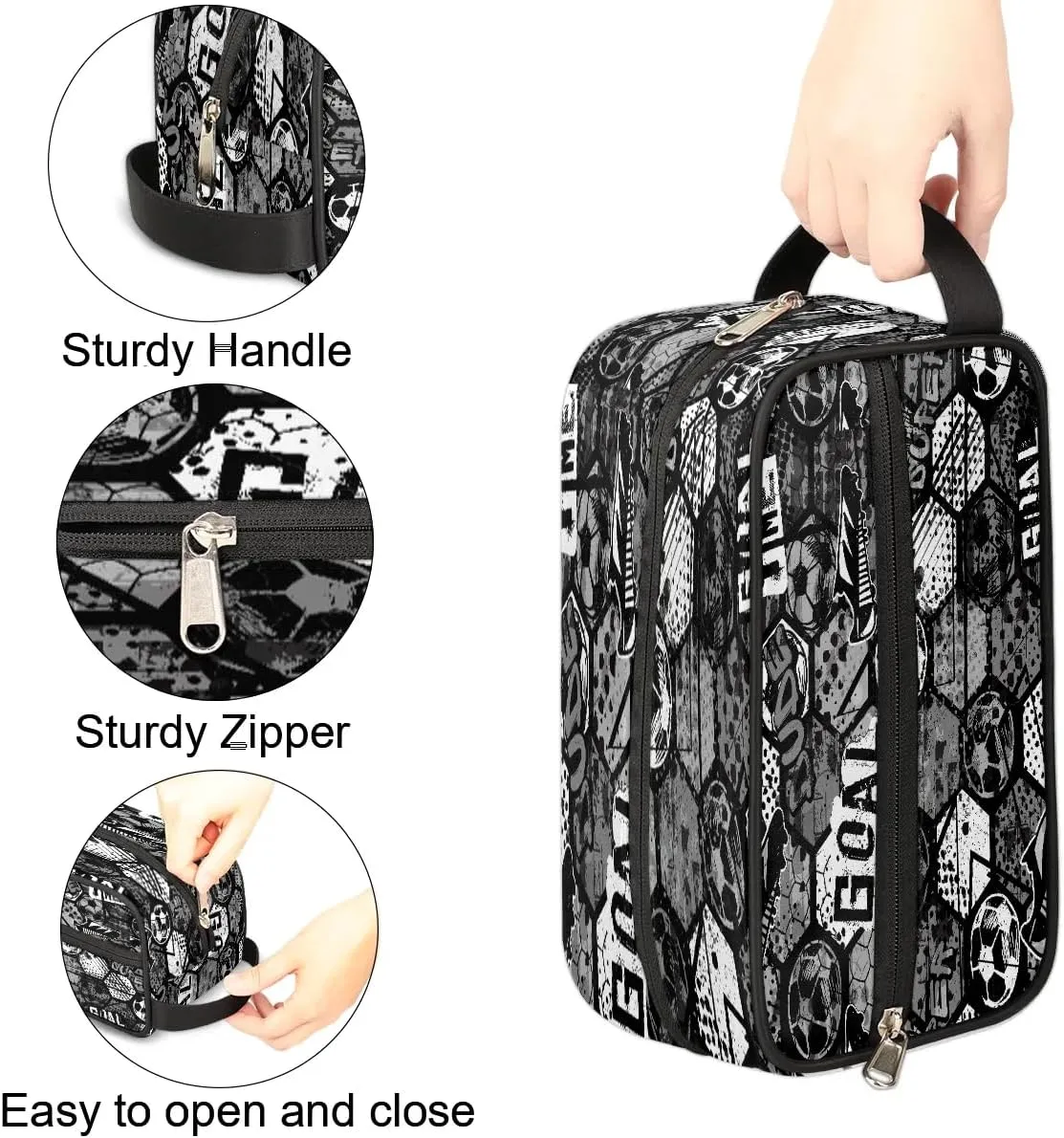 Kids Travel Toiletry Bag, Waterproof Hanging Dopp Kit for Teens Boys, Cool Black and White Soccer Switch Carrying Case Compatible with Nintendo Switch and New Switch OLED Console