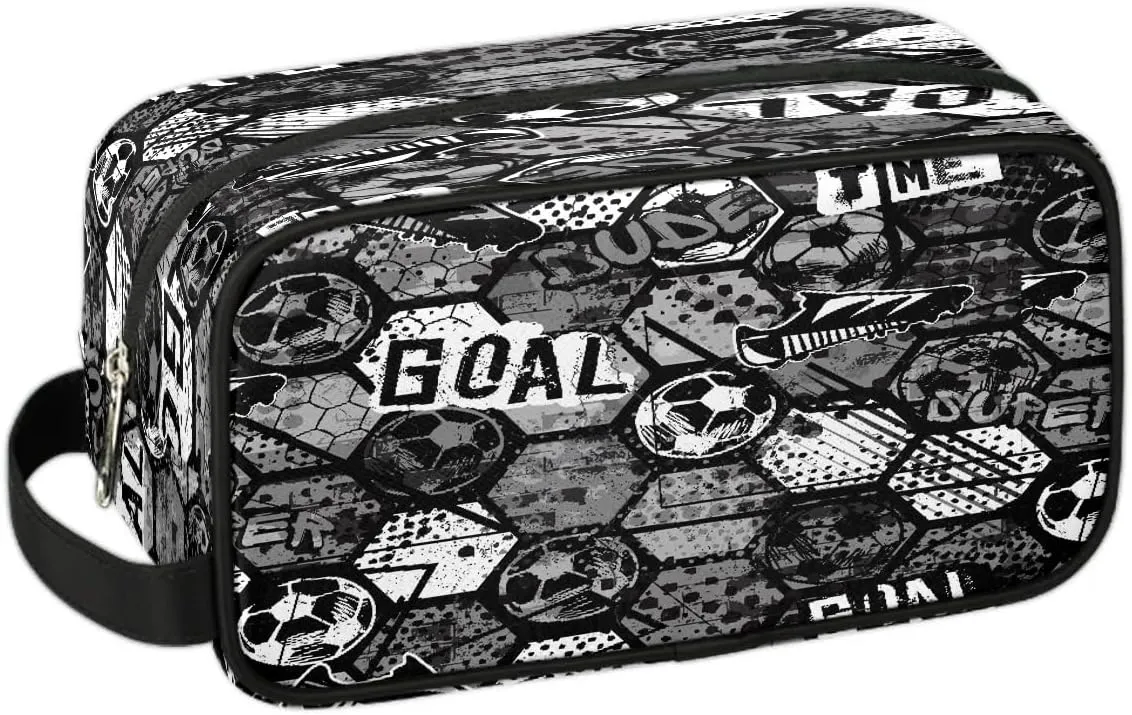 Kids Travel Toiletry Bag, Waterproof Hanging Dopp Kit for Teens Boys, Cool Black and White Soccer Switch Carrying Case Compatible with Nintendo Switch and New Switch OLED Console