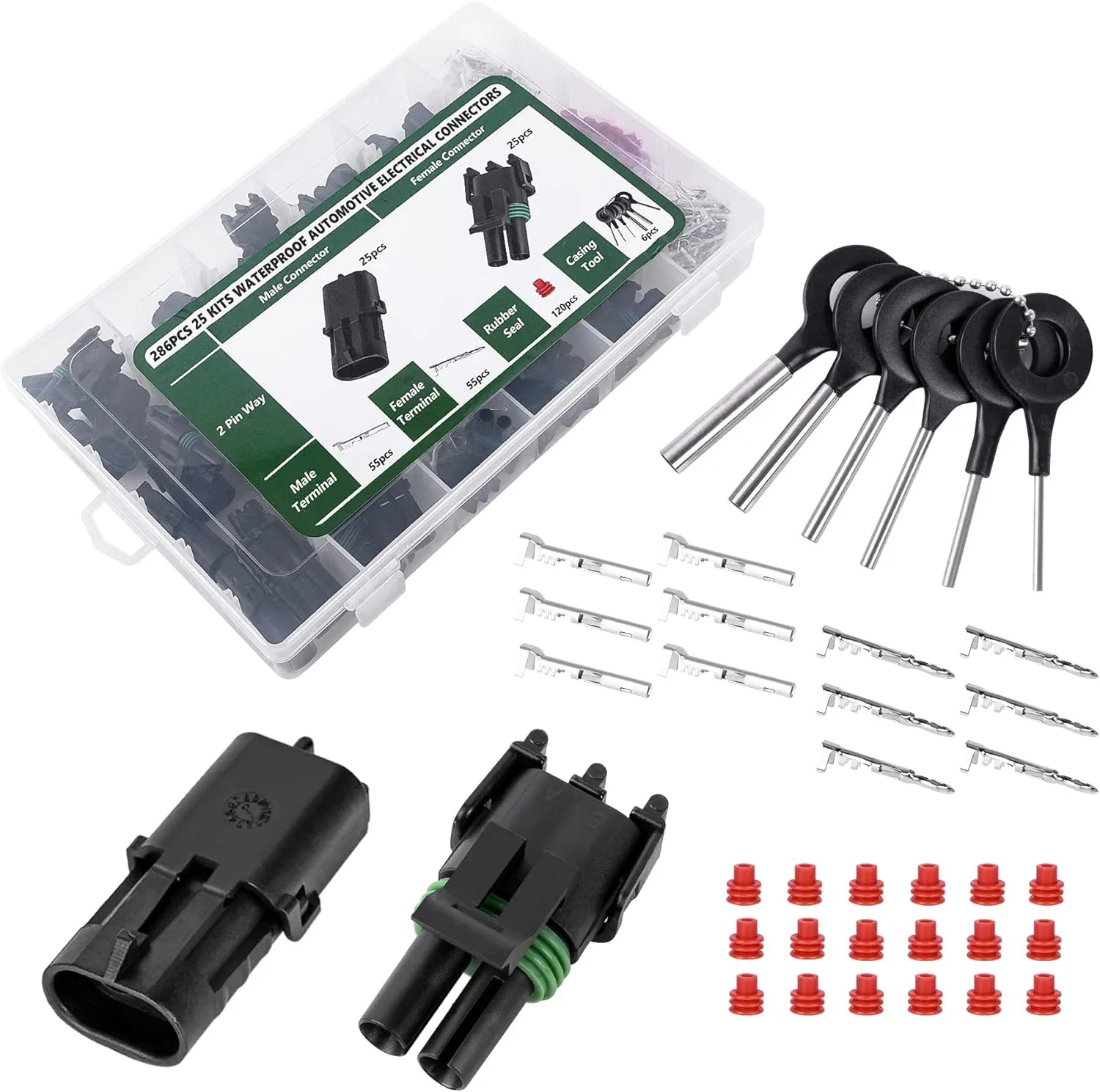 Kikerike 286Pcs 25 Kits Waterproof Automotive Electrical Connectors 2 Male&Female Pin 22-14AWG Wire Harness Spark Plug Connector Terminals Plug Kit Car