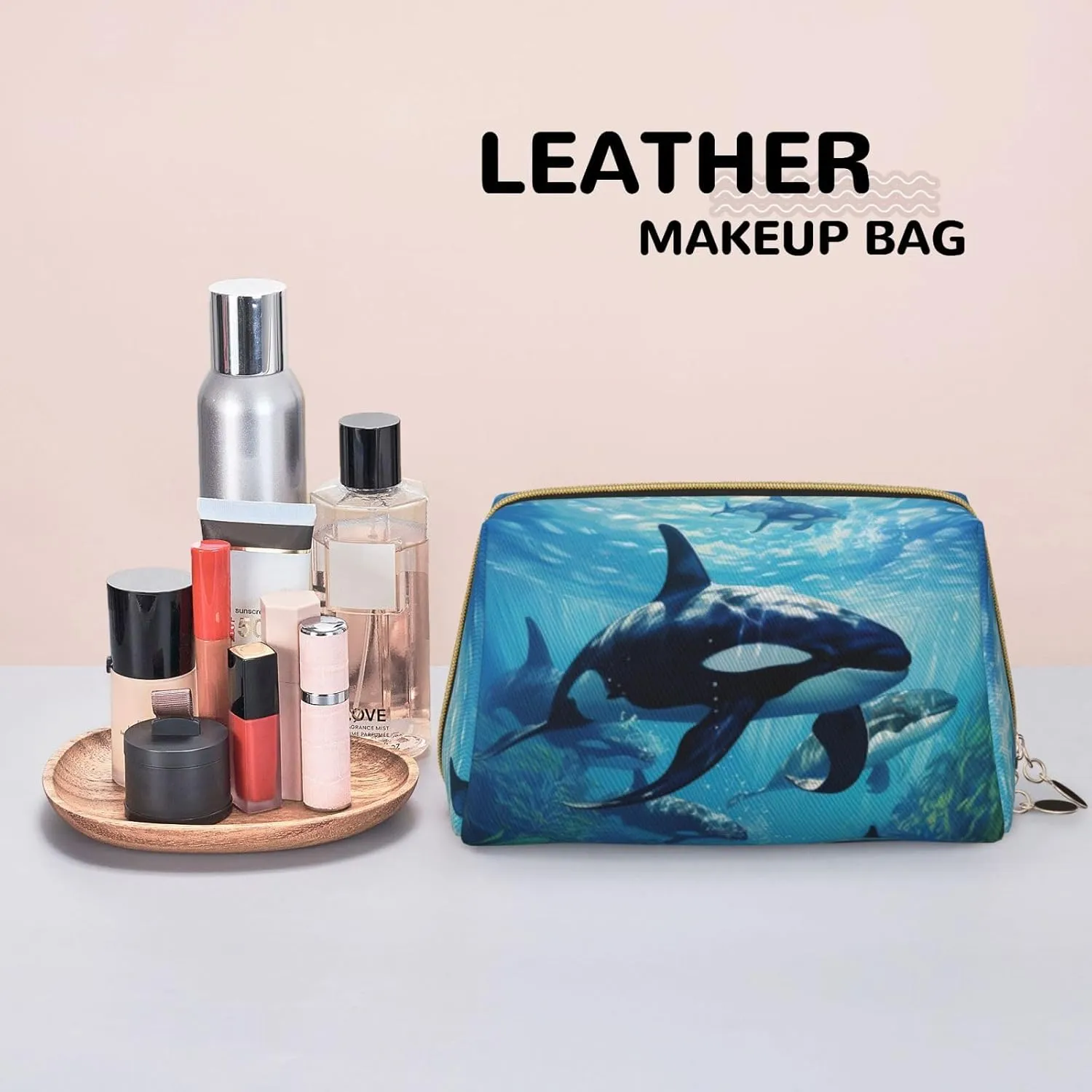 Killer Whales Swim Along Leather Toiletry Travel Bag, Compact Makeup Organizer For Women