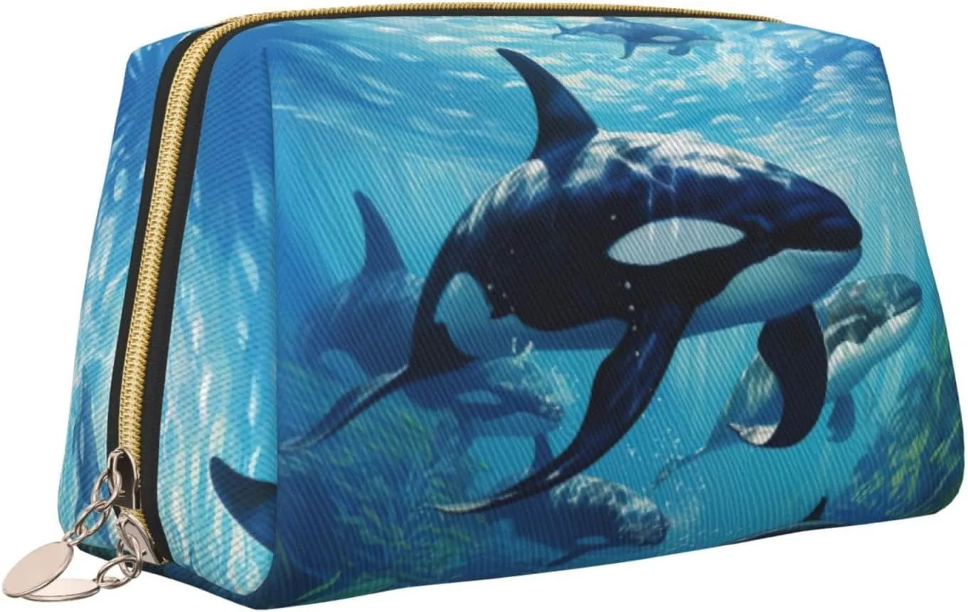 Killer Whales Swim Along Leather Toiletry Travel Bag, Compact Makeup Organizer For Women