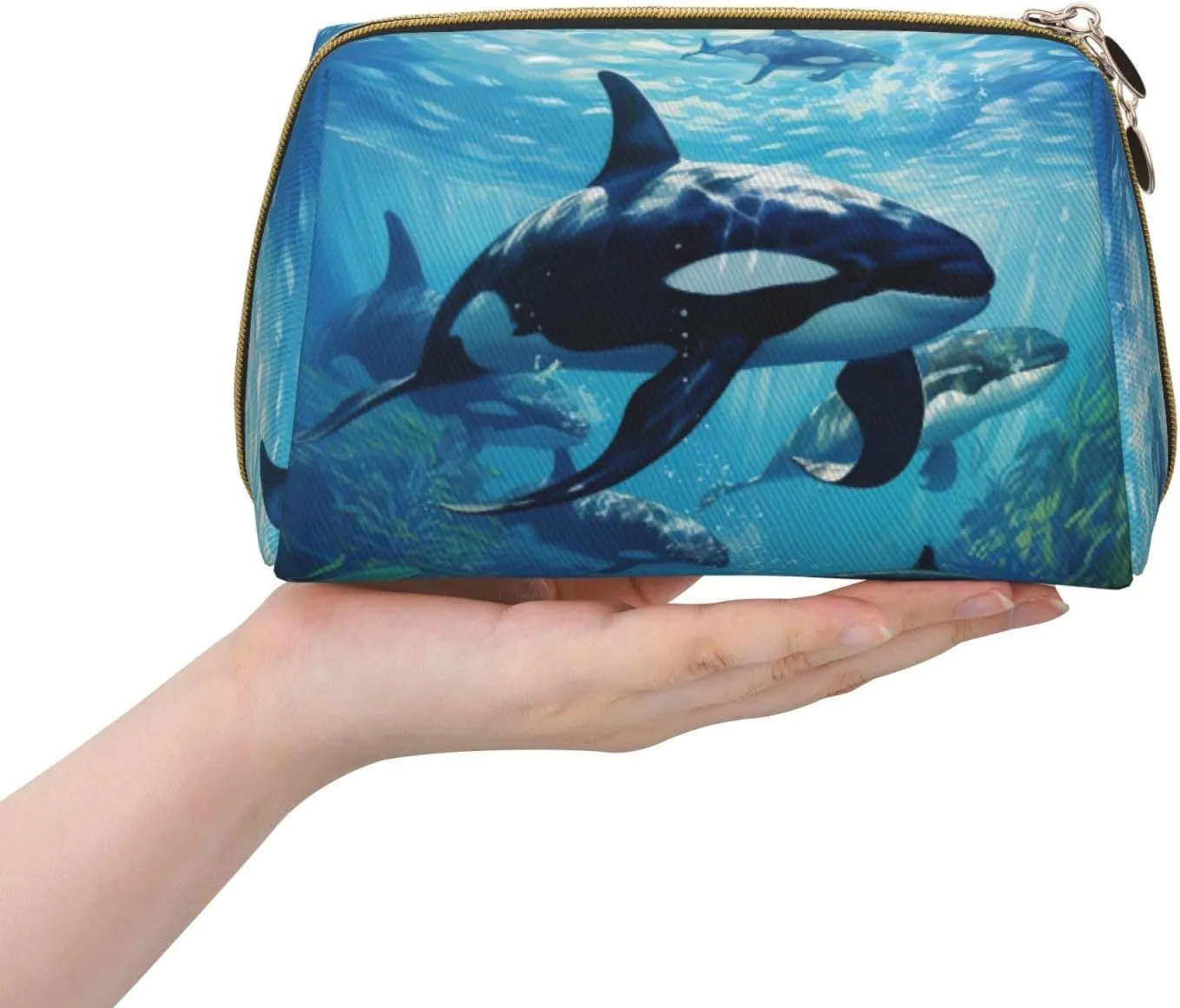 Killer Whales Swim Along Leather Toiletry Travel Bag, Compact Makeup Organizer For Women