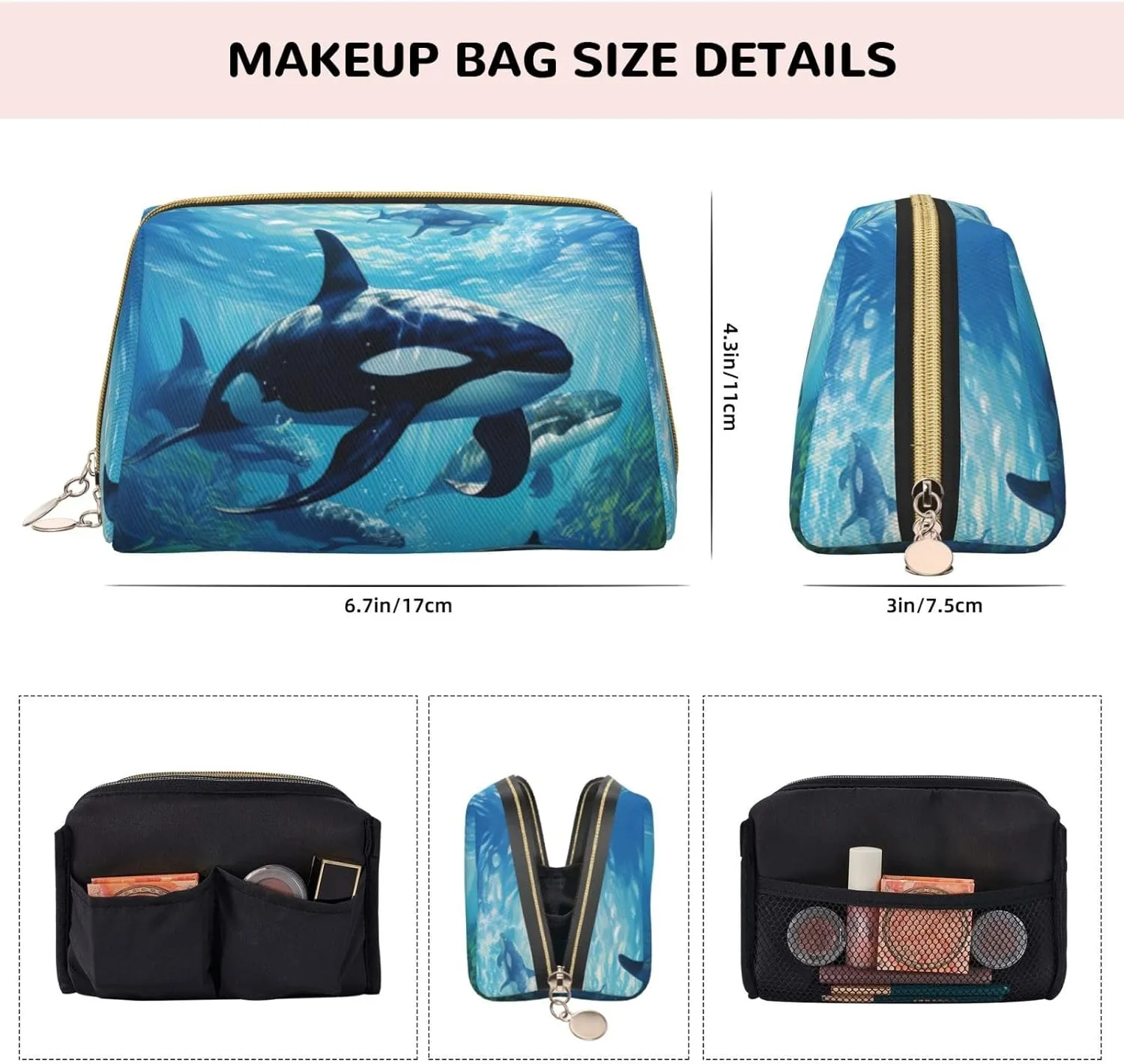 Killer Whales Swim Along Leather Toiletry Travel Bag, Compact Makeup Organizer For Women