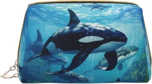 Killer Whales Swim Along Leather Toiletry Travel Bag, Compact Makeup Organizer For Women