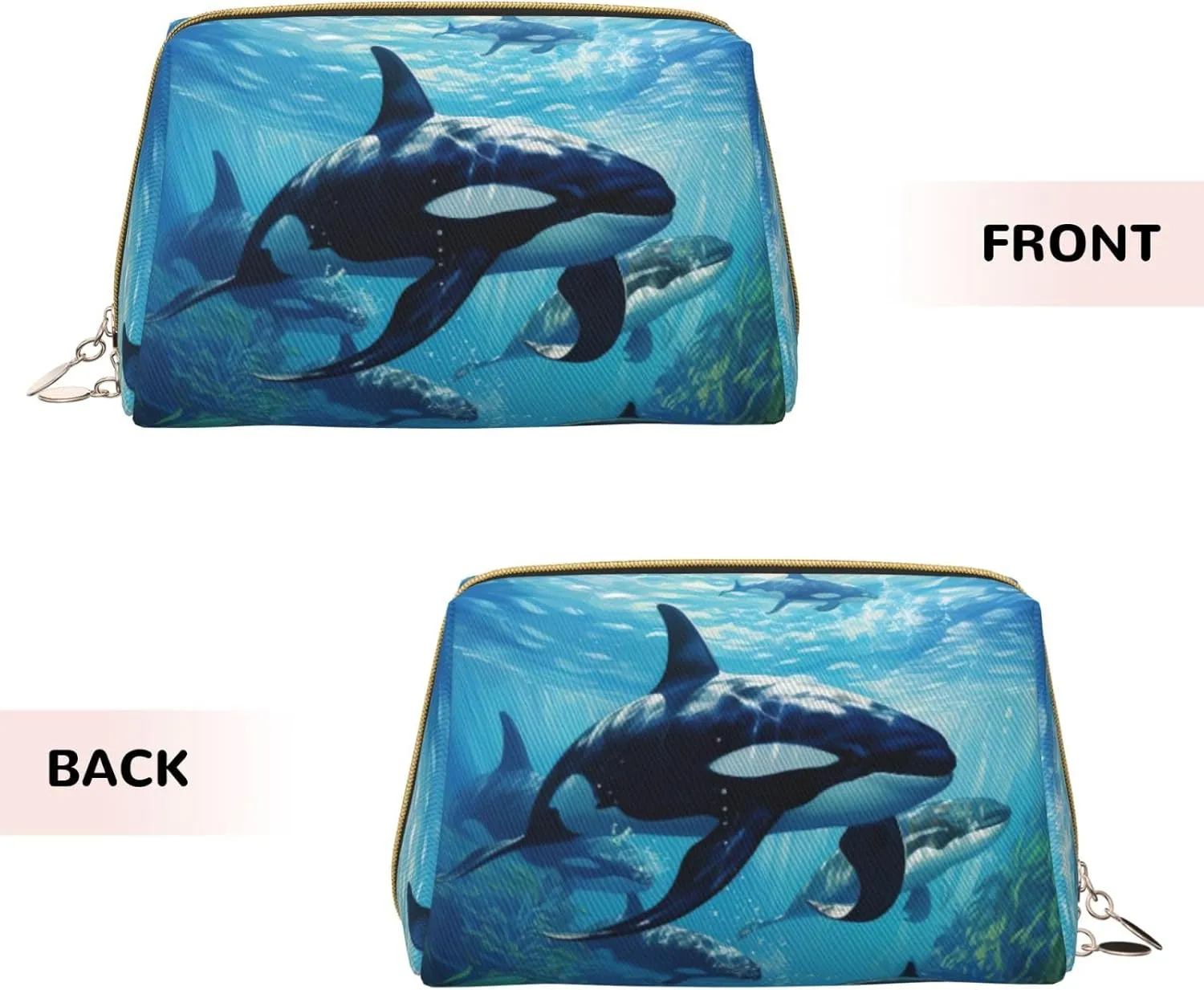 Killer Whales Swim Along Leather Toiletry Travel Bag, Compact Makeup Organizer For Women