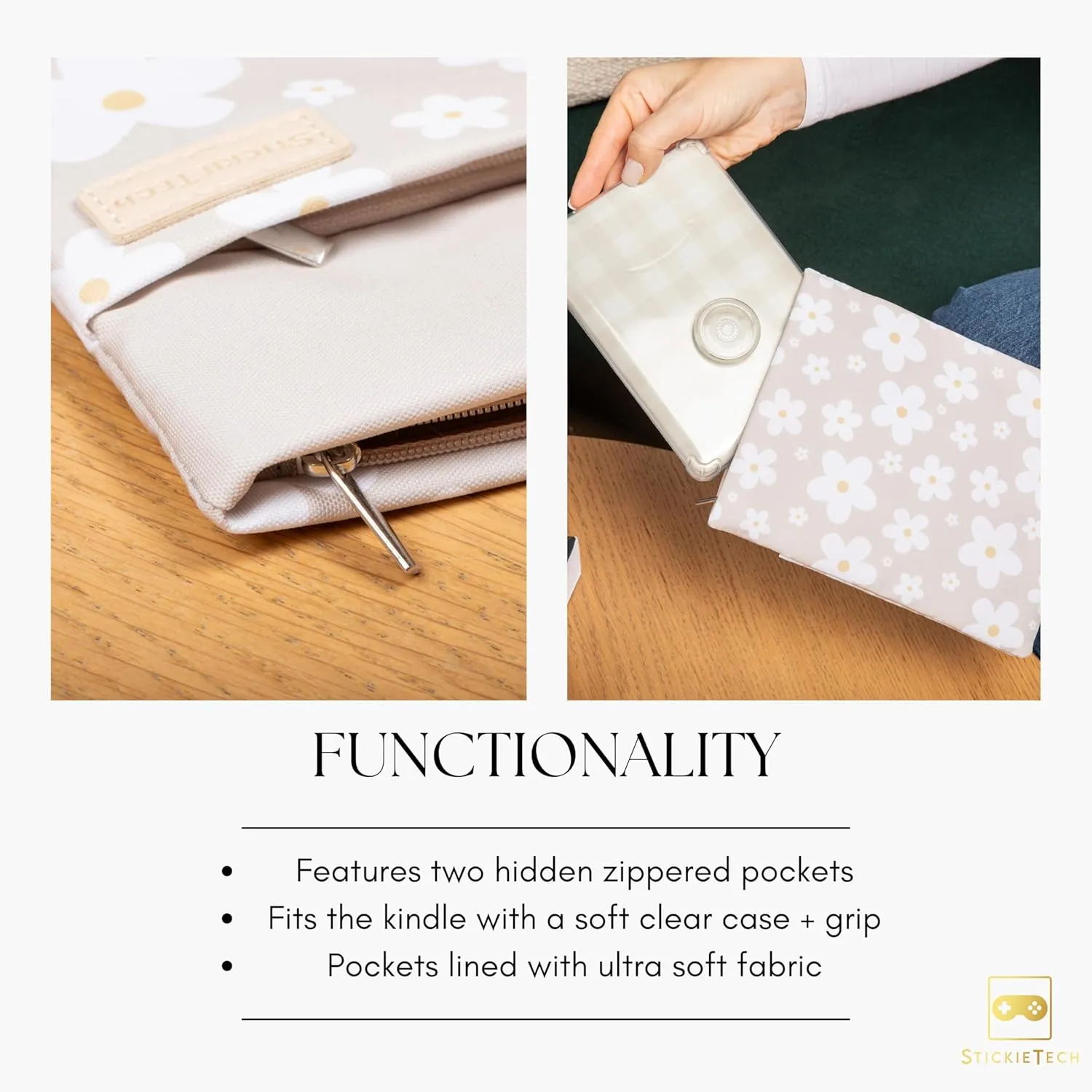 Kindle Sleeve Pouch | Water-Resistant Material | Compatible with Kindle Basic 6" & Kindle Paperwhite 6.8" | Padded Case with 2 Hidden Zippered Pockets (Strawberry Fields)