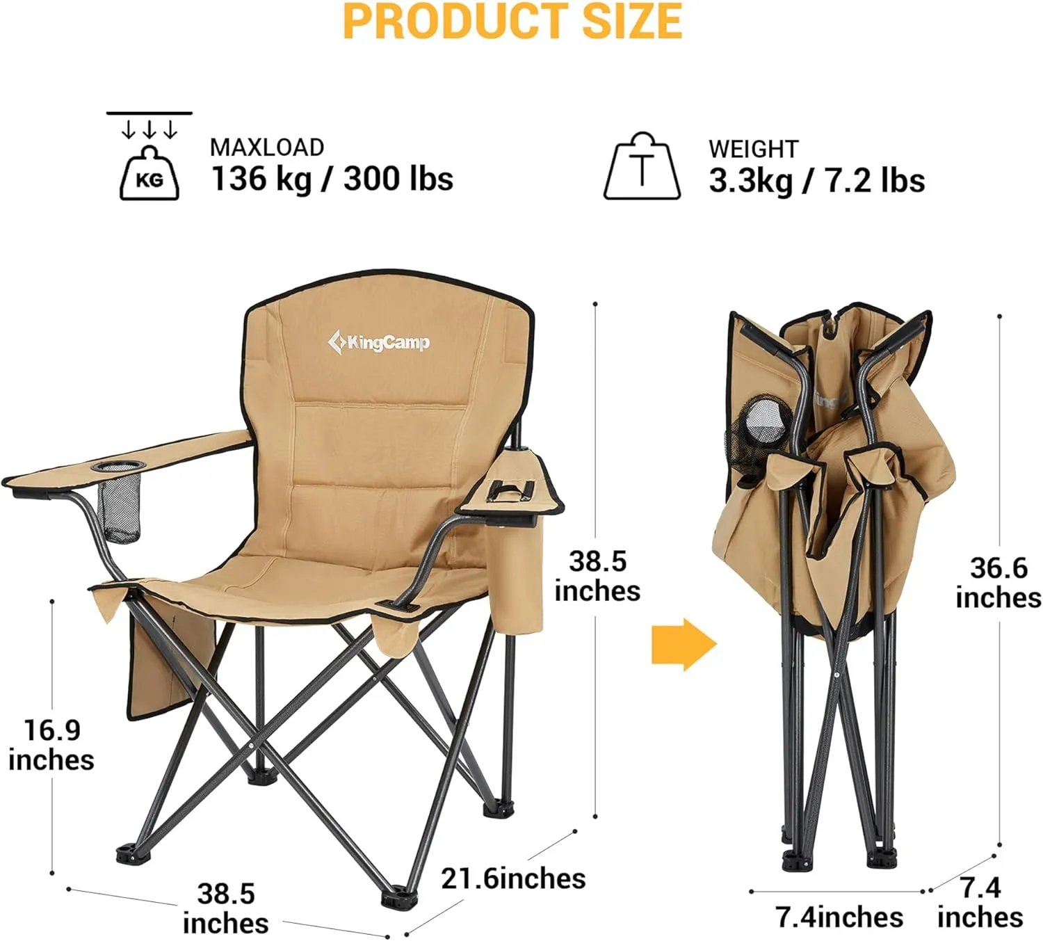 KingCamp Padded Portable Outdoor Folding Lounge Chairs with Built-in Cupholder, Insulated Cooler Sleeve, and Side Storage Pocket, Khaki (2 Pack)
