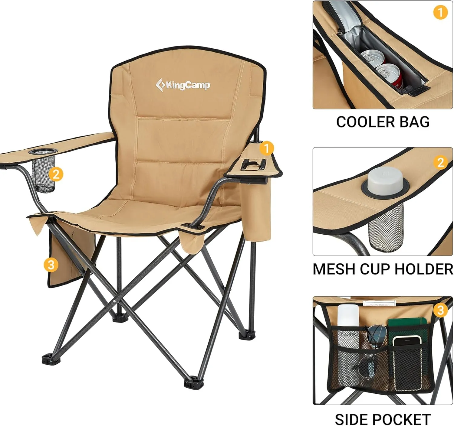 KingCamp Padded Portable Outdoor Folding Lounge Chairs with Built-in Cupholder, Insulated Cooler Sleeve, and Side Storage Pocket, Khaki (2 Pack)