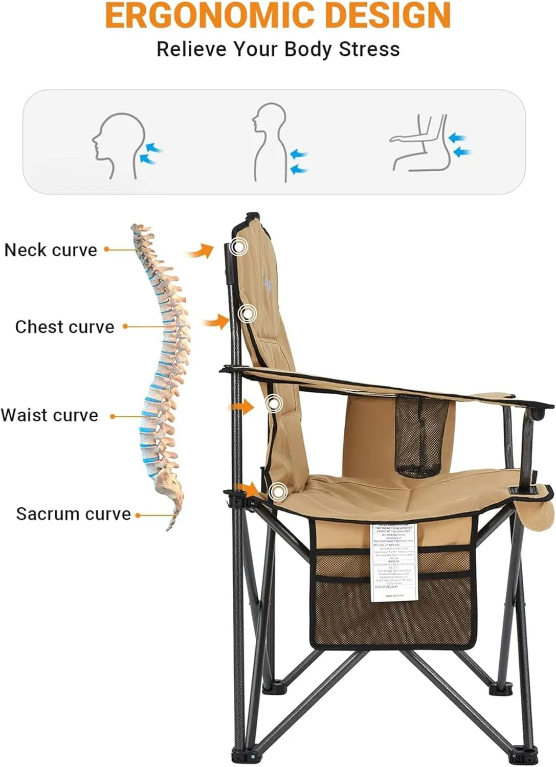 KingCamp Padded Portable Outdoor Folding Lounge Chairs with Built-in Cupholder, Insulated Cooler Sleeve, and Side Storage Pocket, Khaki (2 Pack)