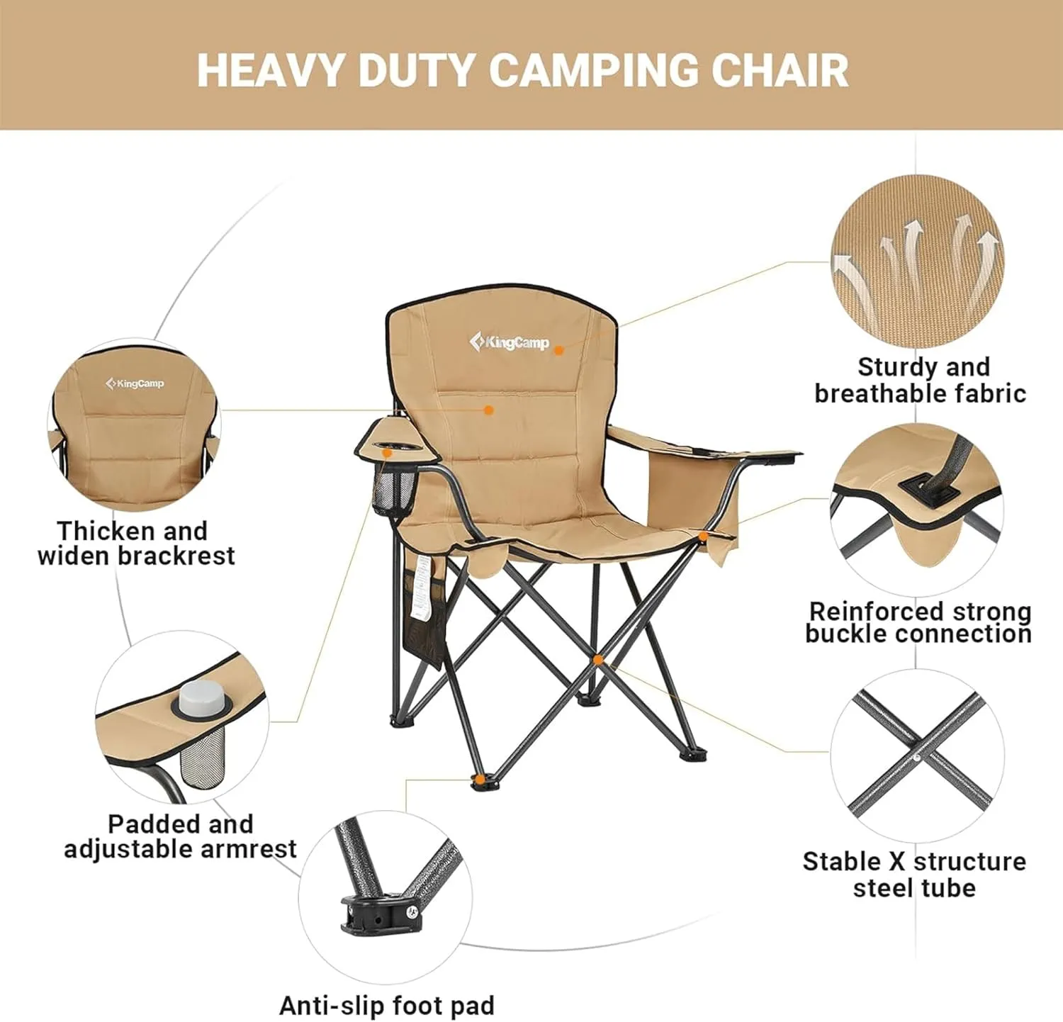 KingCamp Padded Portable Outdoor Folding Lounge Chairs with Built-in Cupholder, Insulated Cooler Sleeve, and Side Storage Pocket, Khaki (2 Pack)