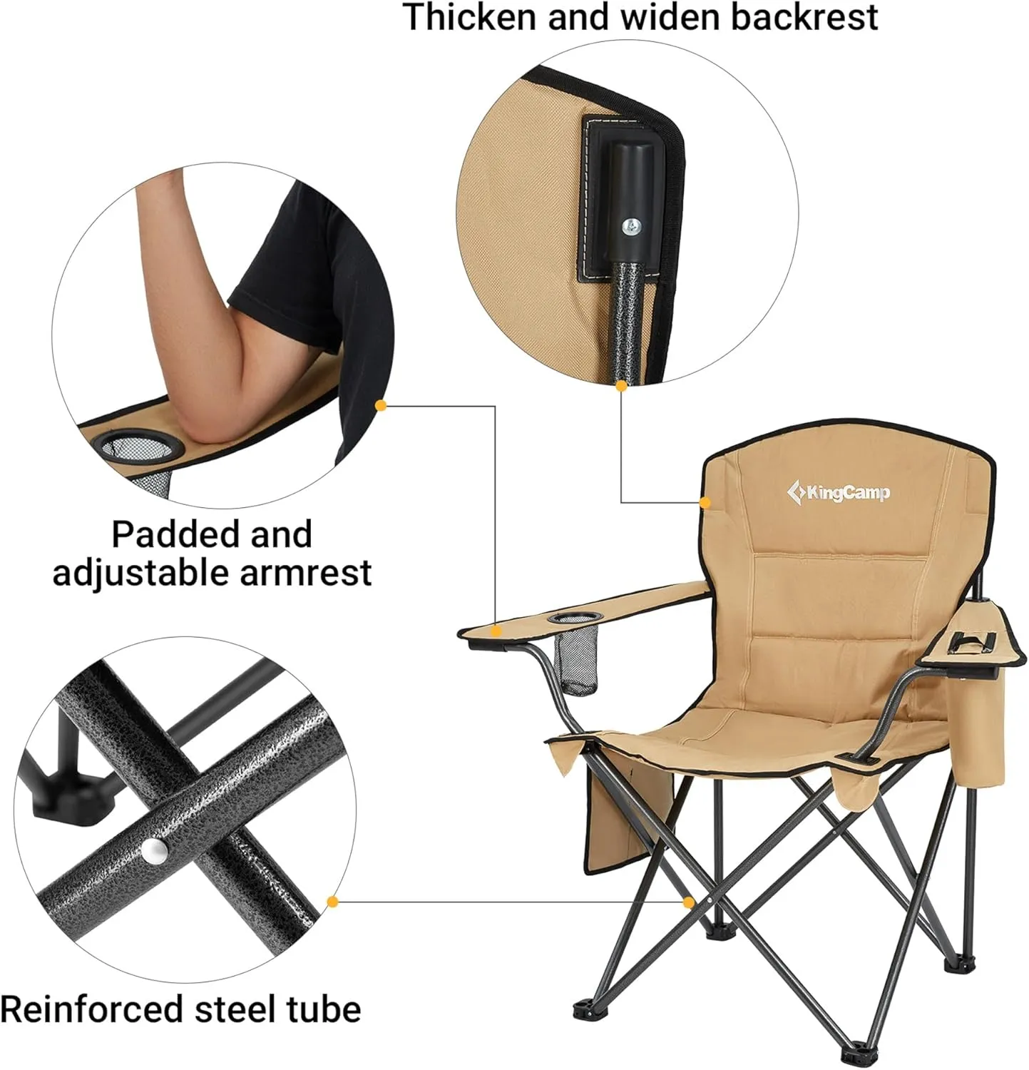 KingCamp Padded Portable Outdoor Folding Lounge Chairs with Built-in Cupholder, Insulated Cooler Sleeve, and Side Storage Pocket, Khaki (2 Pack)
