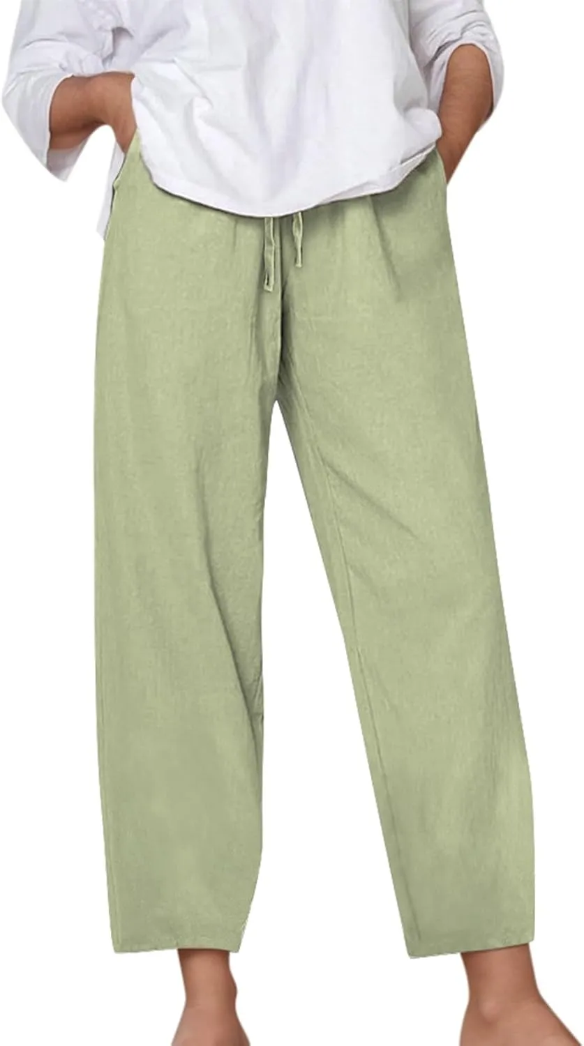 Kingspinner Linen Pants Women, Womens Capri Pants Casual Summer Elastic Waisted Plus Size Baggy Ladies Boho Trousers Vacation