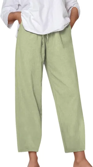 Kingspinner Linen Pants Women, Womens Capri Pants Casual Summer Elastic Waisted Plus Size Baggy Ladies Boho Trousers Vacation
