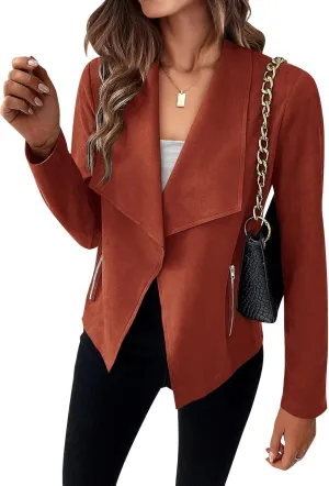 KIRUNDO Womens Fashion Faux Suede Jacket 2024 Fall Winter Casual Long Sleeve Open Front Bomber Cropped Coat Outerwear