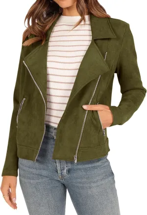 KIRUNDO Womens Faux Suede Jacket 2024 Fall Winter Clothes Casual Zipper Cropped Coat Bomber Biker Moto Jackets Outwear
