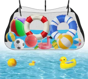 Klmnop Pool Floats Storage Bag, Adjustable Pool Toys Organizer Hanging Mesh with Extra Mesh Bag for Floats, Inflatable Toys and Accessories, Heavy Duty Reinforced Attaches to Pool Side or Fence(Black)