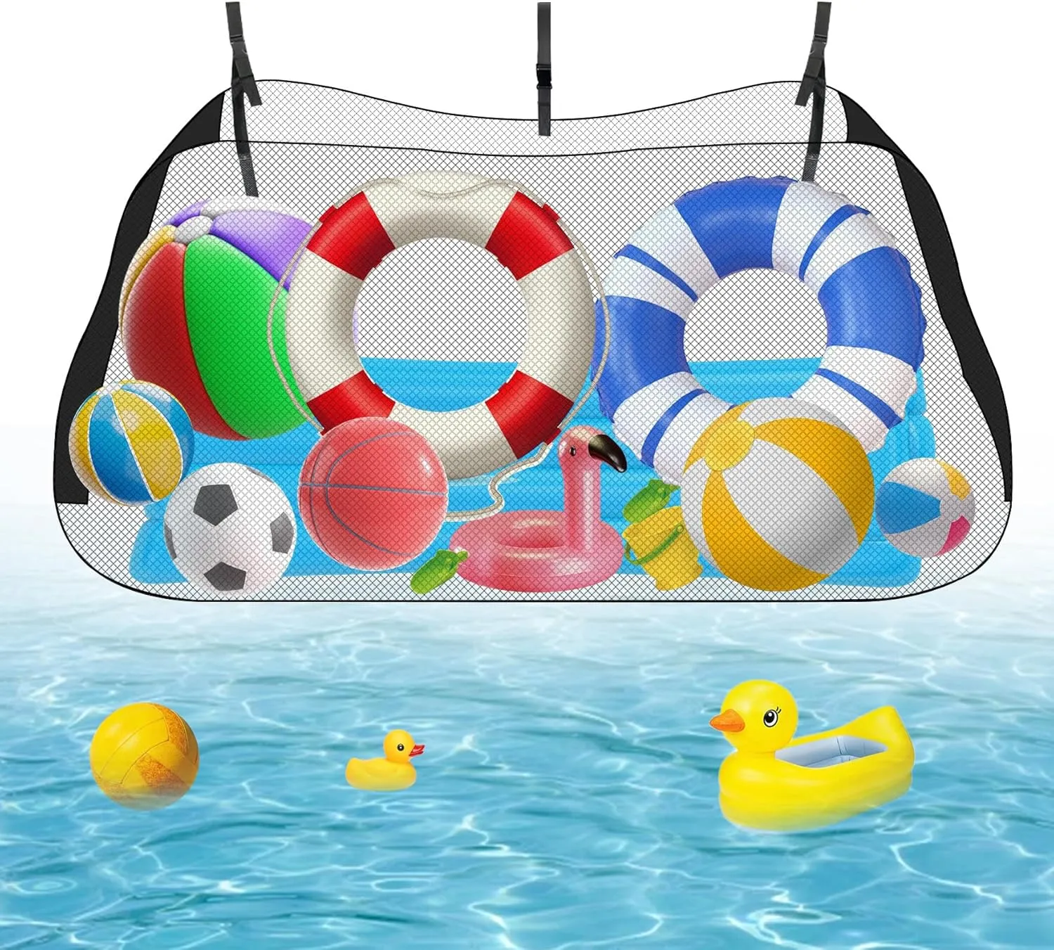 Klmnop Pool Floats Storage Bag, Adjustable Pool Toys Organizer Hanging Mesh with Extra Mesh Bag for Floats, Inflatable Toys and Accessories, Heavy Duty Reinforced Attaches to Pool Side or Fence(Black)