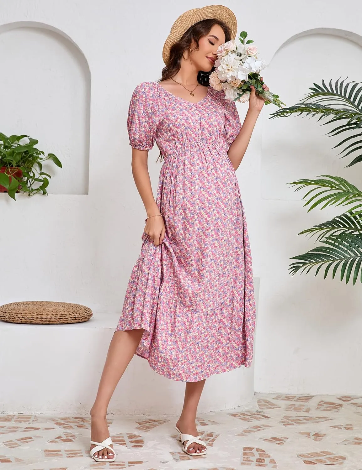 KOJOOIN Womens Maternity Puff Short Sleeve Summer Casual Boho Dress V Neck Flowy A Line Maxi Dress for Photoshoot Baby Shower