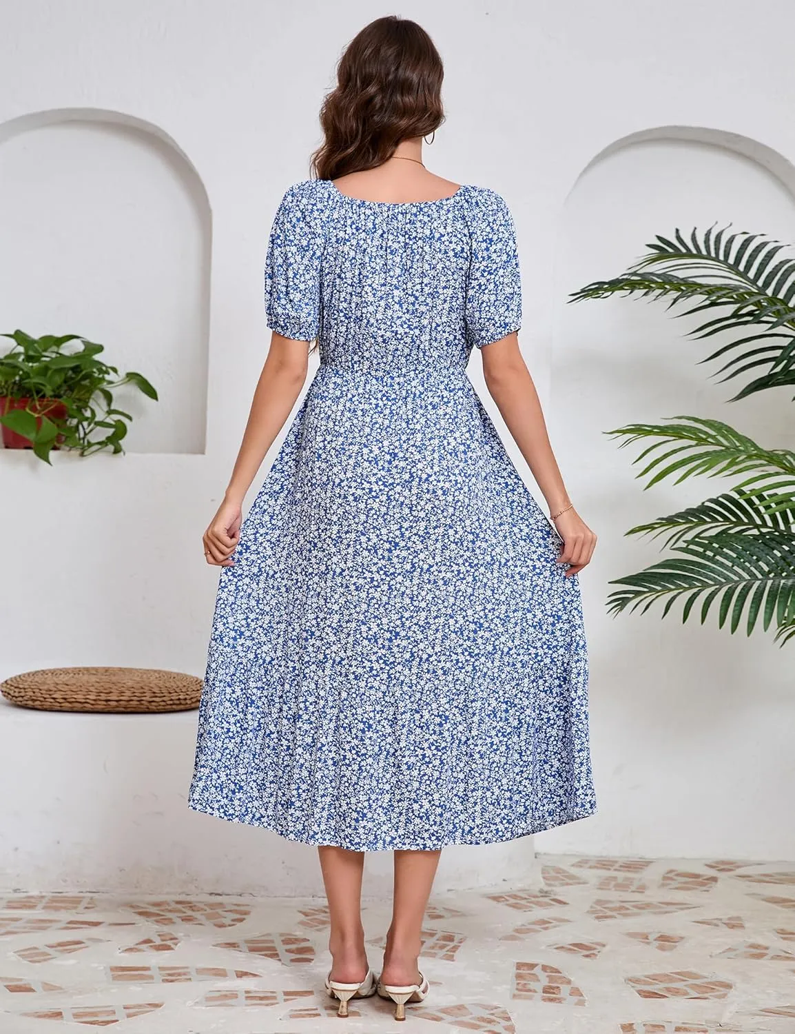 KOJOOIN Womens Maternity Puff Short Sleeve Summer Casual Boho Dress V Neck Flowy A Line Maxi Dress for Photoshoot Baby Shower