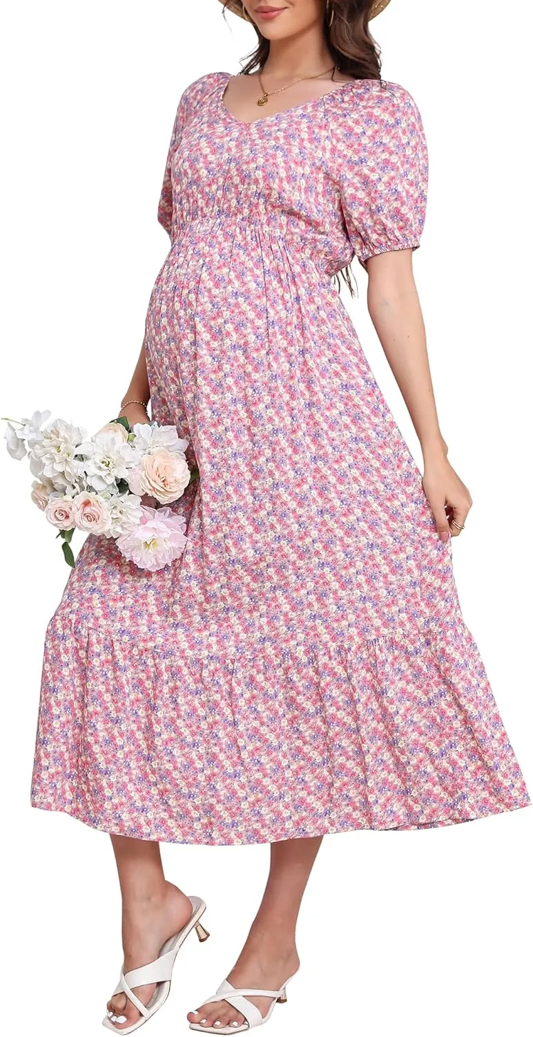 KOJOOIN Womens Maternity Puff Short Sleeve Summer Casual Boho Dress V Neck Flowy A Line Maxi Dress for Photoshoot Baby Shower
