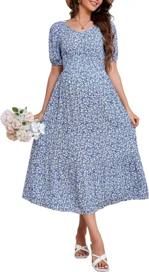 KOJOOIN Womens Maternity Puff Short Sleeve Summer Casual Boho Dress V Neck Flowy A Line Maxi Dress for Photoshoot Baby Shower