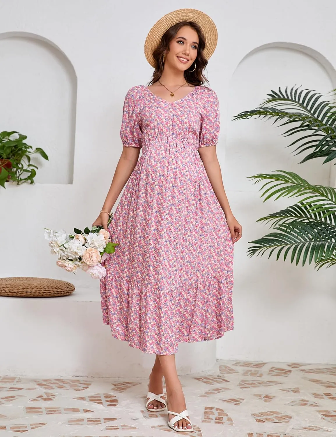 KOJOOIN Womens Maternity Puff Short Sleeve Summer Casual Boho Dress V Neck Flowy A Line Maxi Dress for Photoshoot Baby Shower