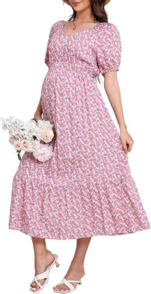 KOJOOIN Womens Maternity Puff Short Sleeve Summer Casual Boho Dress V Neck Flowy A Line Maxi Dress for Photoshoot Baby Shower