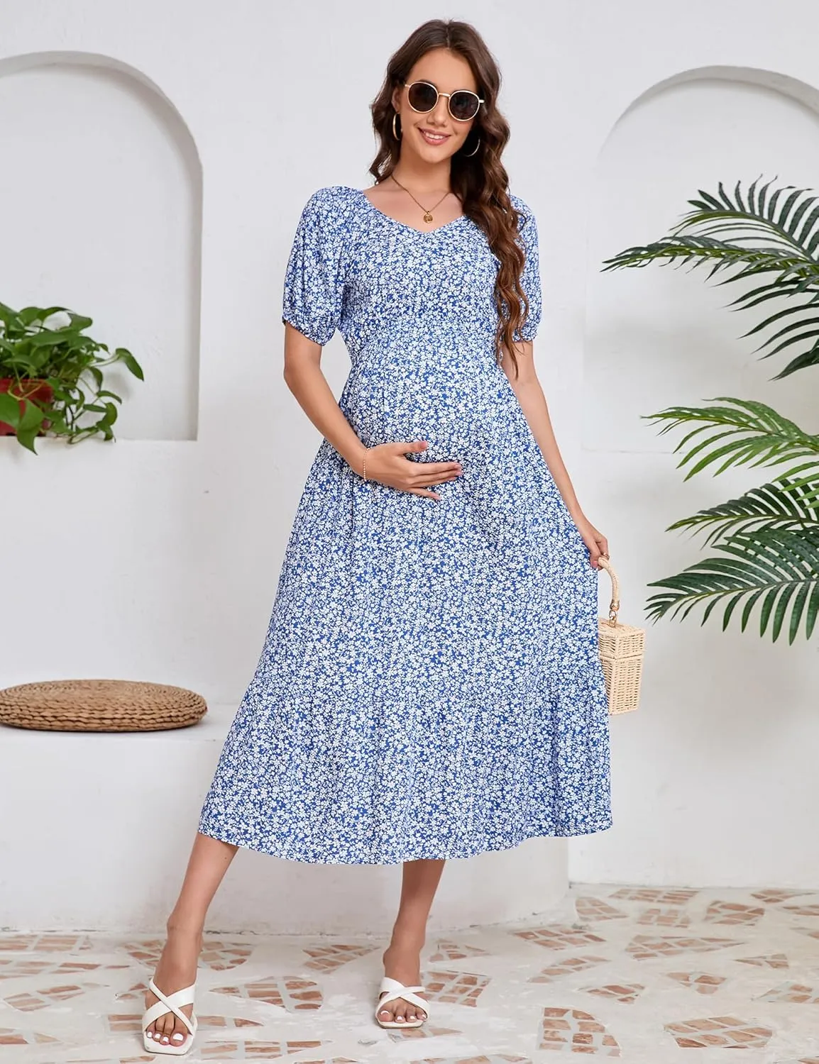 KOJOOIN Womens Maternity Puff Short Sleeve Summer Casual Boho Dress V Neck Flowy A Line Maxi Dress for Photoshoot Baby Shower