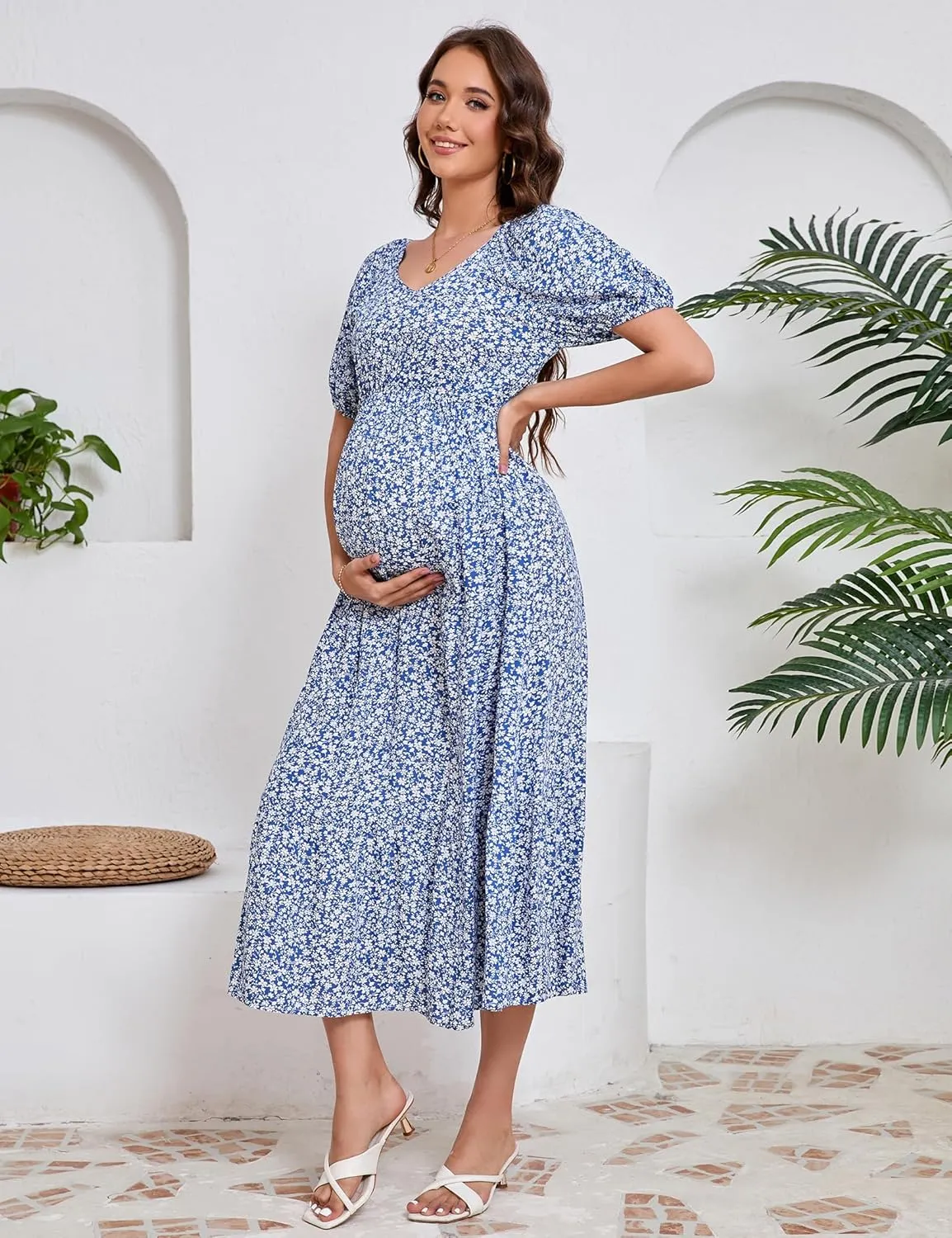KOJOOIN Womens Maternity Puff Short Sleeve Summer Casual Boho Dress V Neck Flowy A Line Maxi Dress for Photoshoot Baby Shower