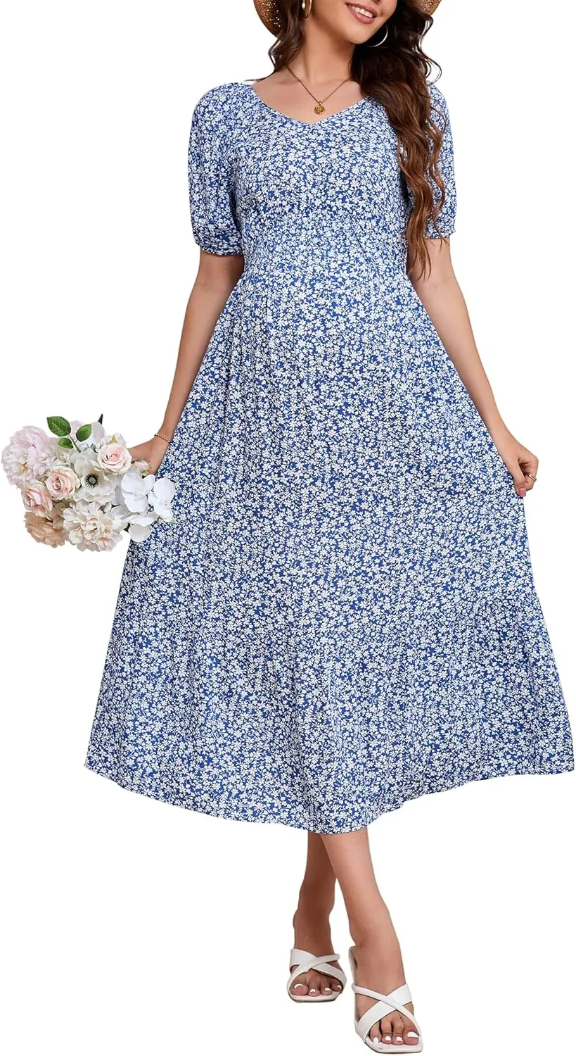 KOJOOIN Womens Maternity Puff Short Sleeve Summer Casual Boho Dress V Neck Flowy A Line Maxi Dress for Photoshoot Baby Shower