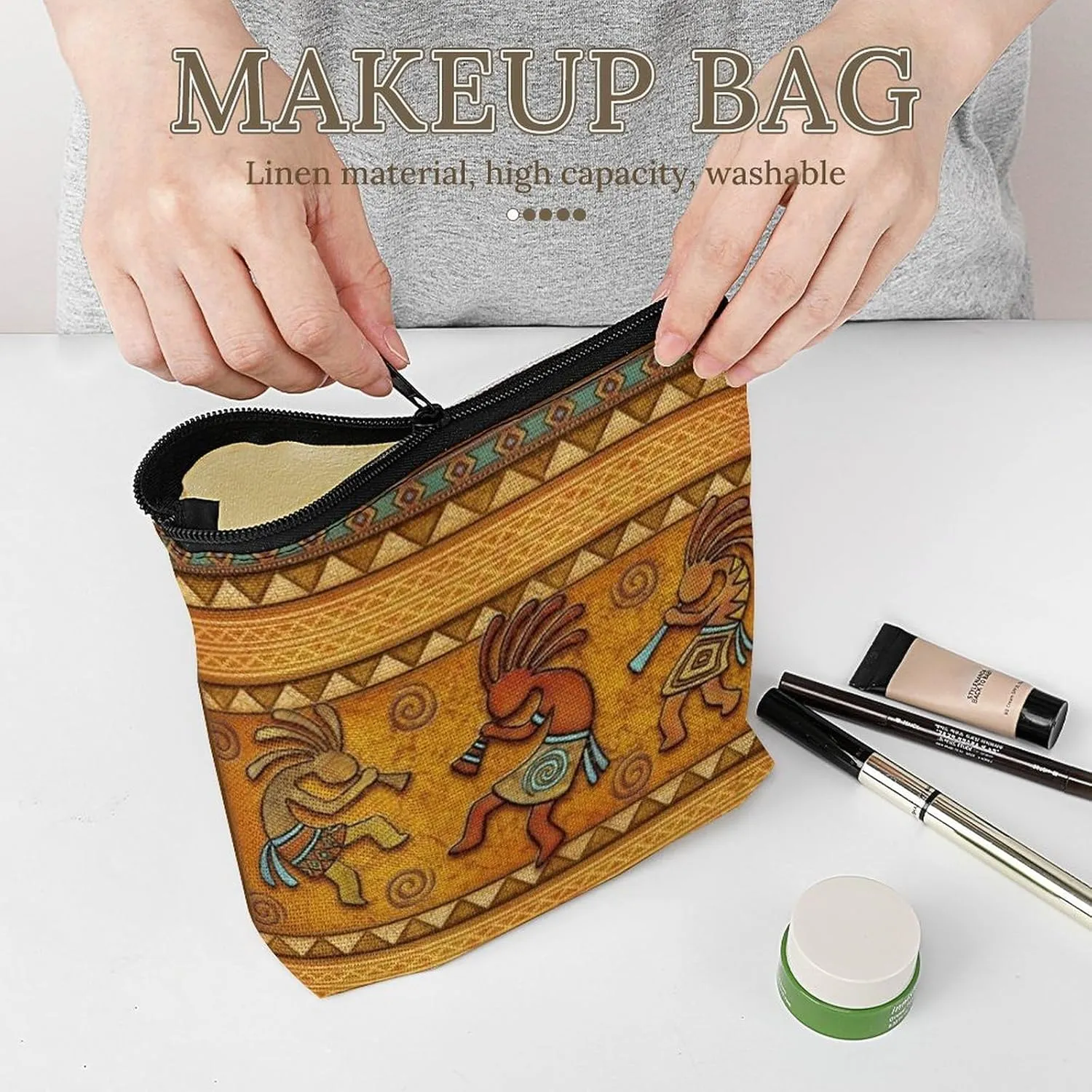 Kokopelli Southwest Fertility Deity Ethnic African Art Cosmetic Bag Western Gifts Western Stuff Makeup Bag Gifts for Women Girls Daughter Sister Bestie Graduation Birthday Christmas Nurse Travel