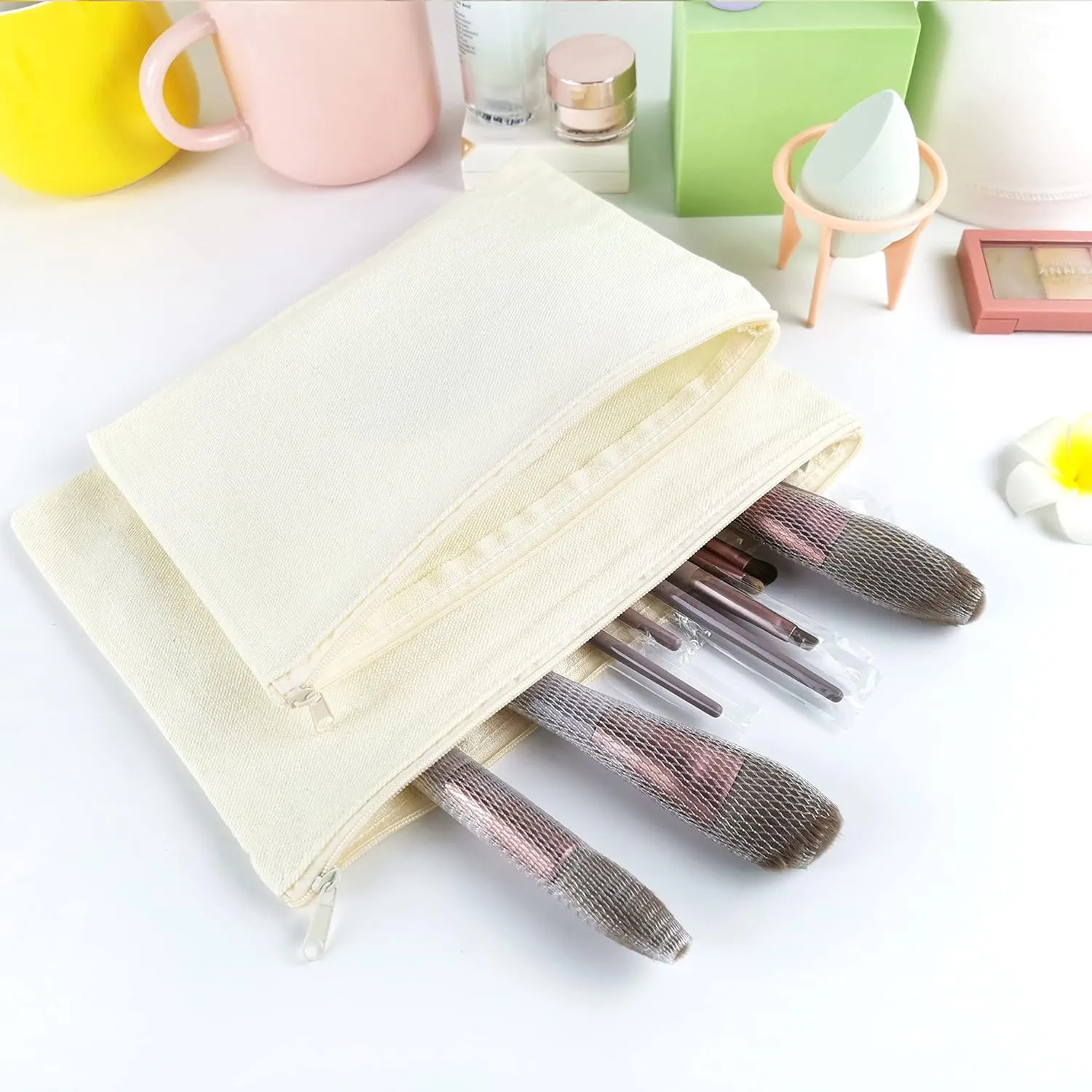 Koolmox Makeup Bags, 12 Canvas Pencil Pouch, Cotton Canvas Toiletry Pouch, Bulk Plain Cosmetic Bags for Women Pencil Case Vinyl Projects Crafts, 8x5'' Beige Bag with Beige Zippers