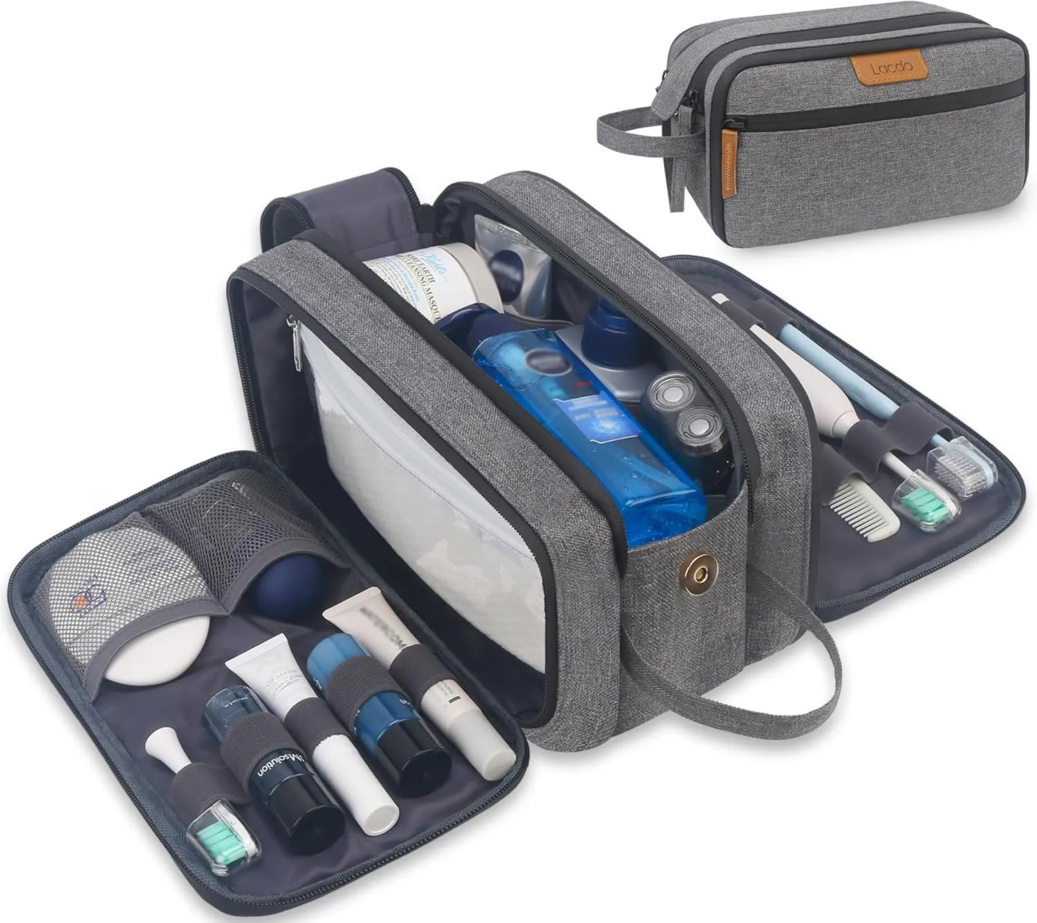 Lacdo Toiletry Bag for Men, Travel Toiletry Organizer Dopp Kit Water-Resistant Large Shaving Bag for Toiletries Accessories Cosmetic Bags, Gray
