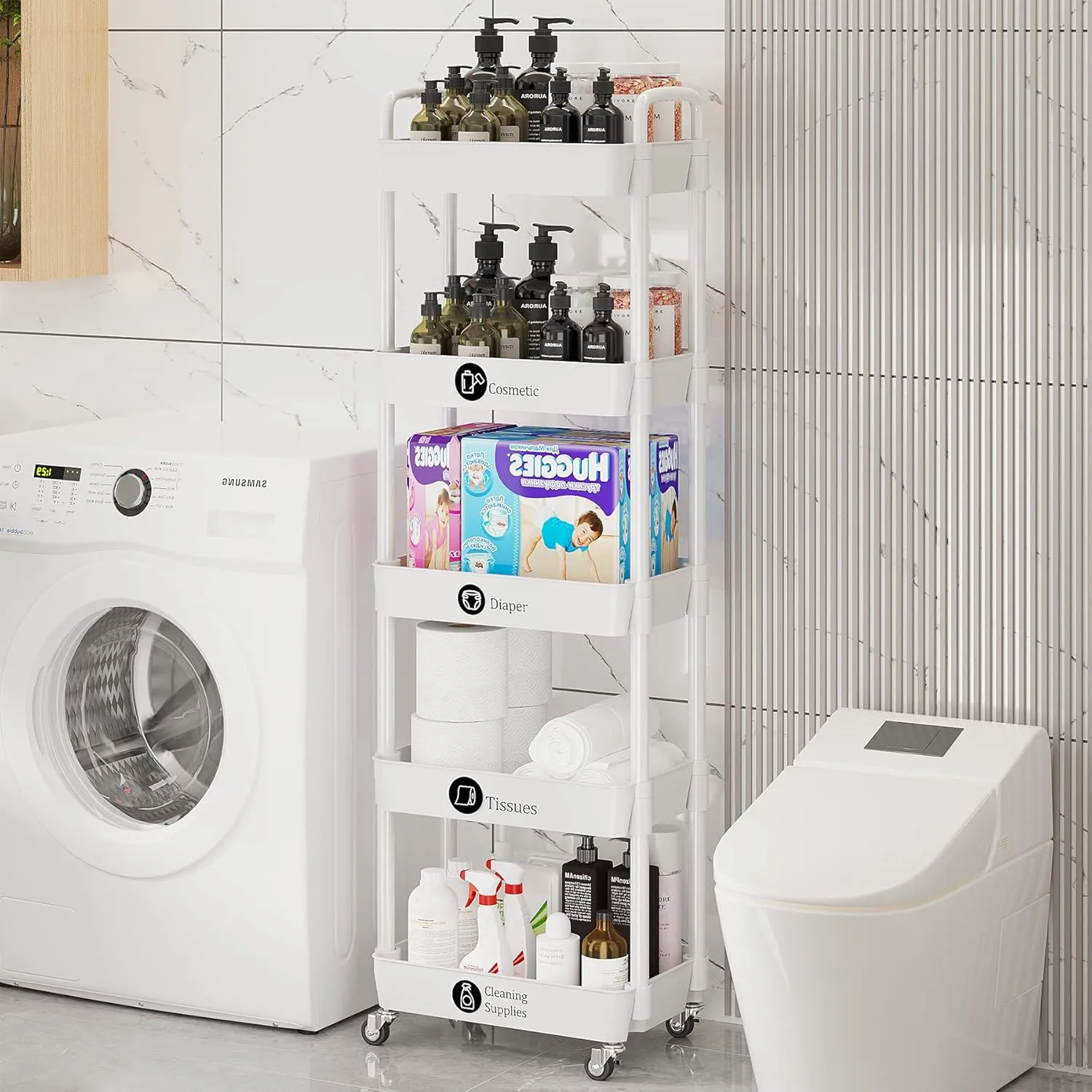 Laiensia 5-Tier Rolling Cart with Wheels,Multifunction Utility Storage carts, Kitchen Storage Organizer,Mobile Shelving Unit for Bathroom,Laundry,with Classified Stickers,White