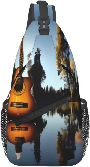 Lake Guitar Reflection print chest crossbody bag, fashion leisure travel bag, cross-body bag for men and women, Black, One Size, Black, One Size