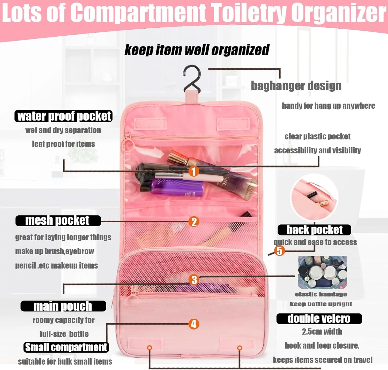 L&FY Multifunction Portable Travel Toiletry Bag Cosmetic Makeup Pouch Toiletry Case Wash Organizer (Pink)