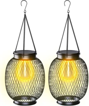 Lanterns Outdoor Waterproof, Collasis 2 Pack Vintage Metal Hanging Lanterns with Hooks Solar Garden Decoration Lights Solar Lights Outdoor for Patio Balcony Yard Lawn, Black