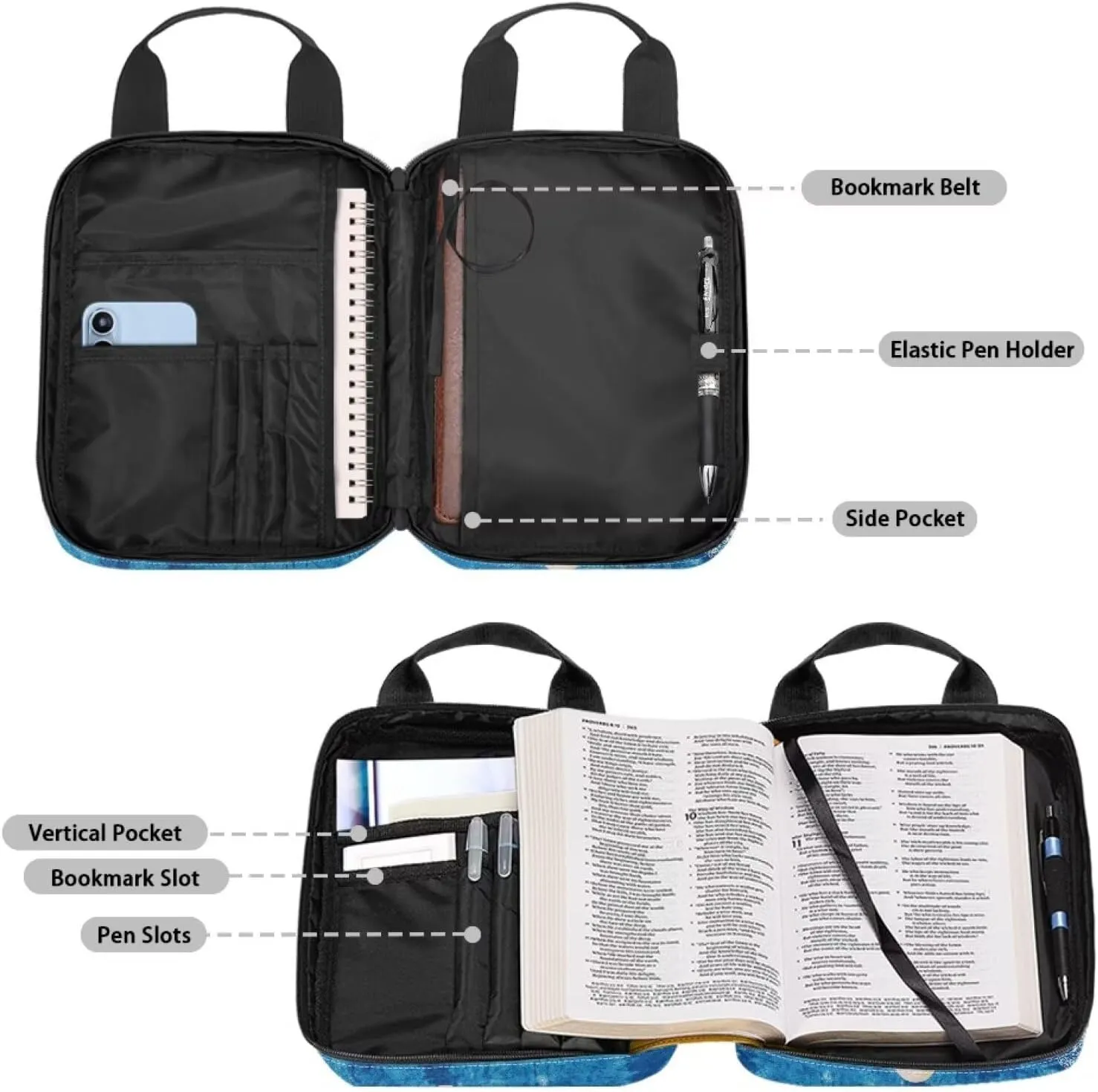 Large Bible Cover-Polyester Bible Cases for Women-Bible Bag Girls Bible Cover with Handle Zippered Pocket Pen Slots