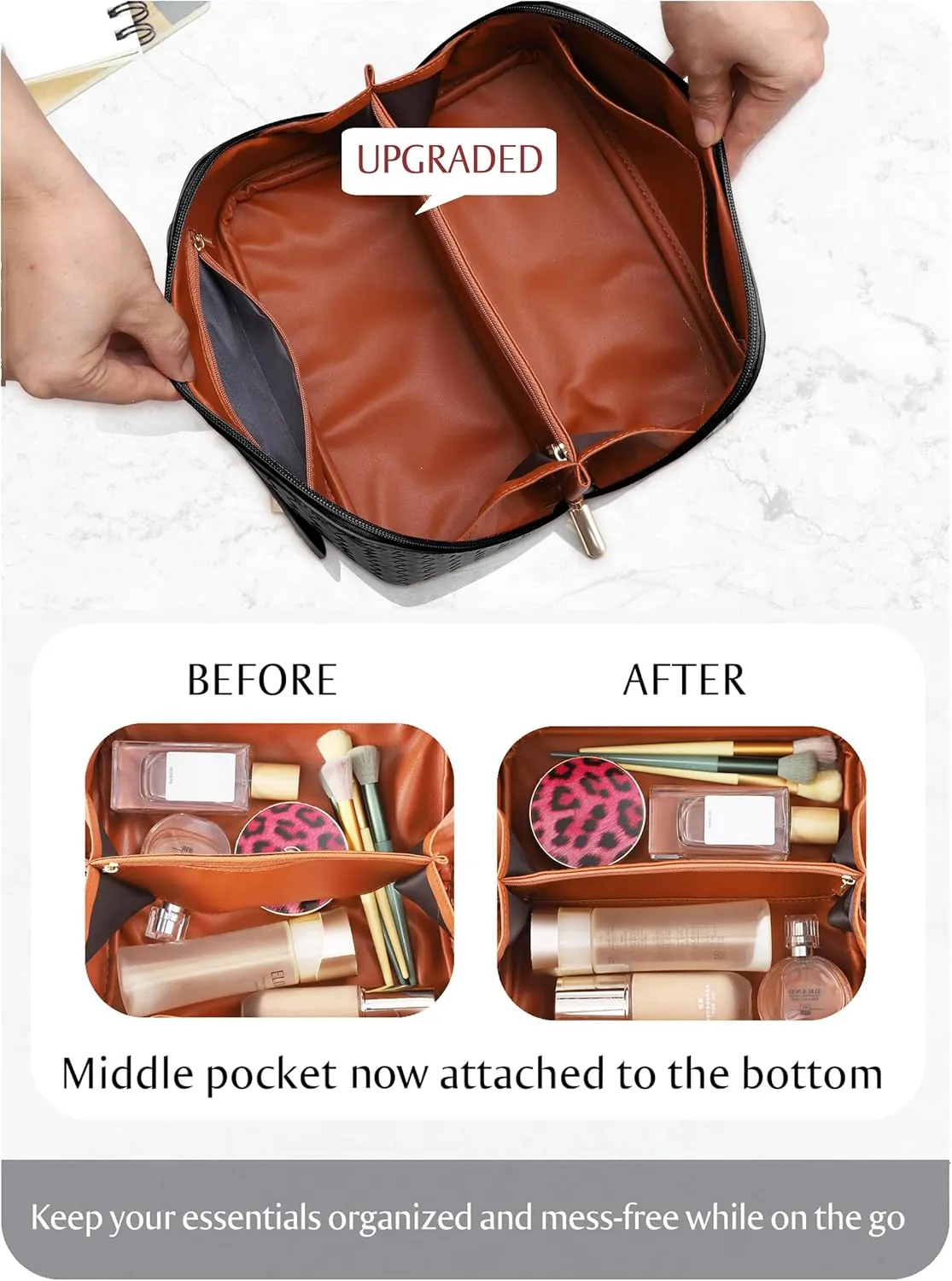 Large Capacity Travel Cosmetic Bag - Portable Makeup Bags for Women Waterproof PU Leather Checkered Makeup Organizer Bag with Dividers and Handle,Toiletry Bag for Cosmetics