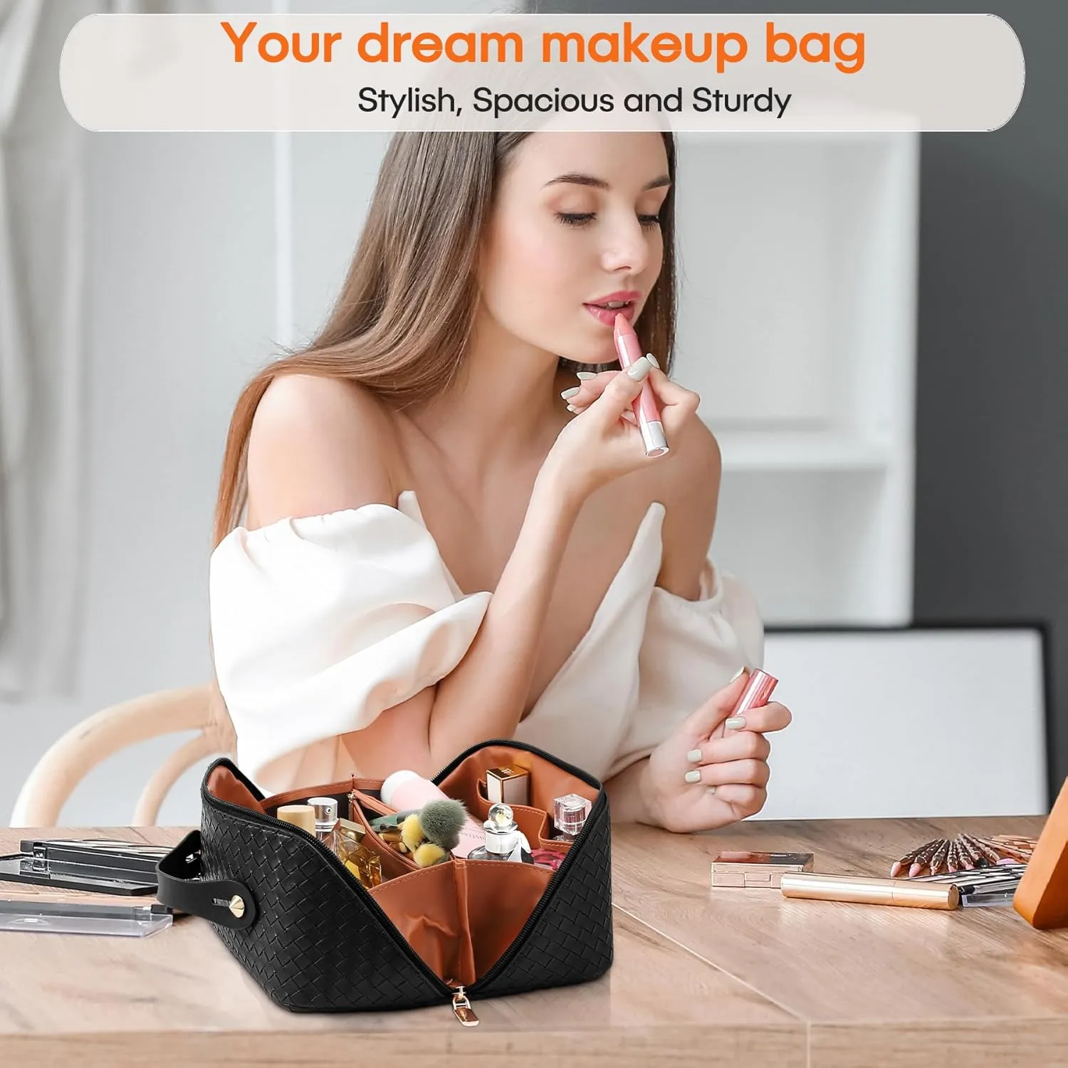 Large Capacity Travel Cosmetic Bag - Portable Makeup Bags for Women Waterproof PU Leather Checkered Makeup Organizer Bag with Dividers and Handle,Toiletry Bag for Cosmetics