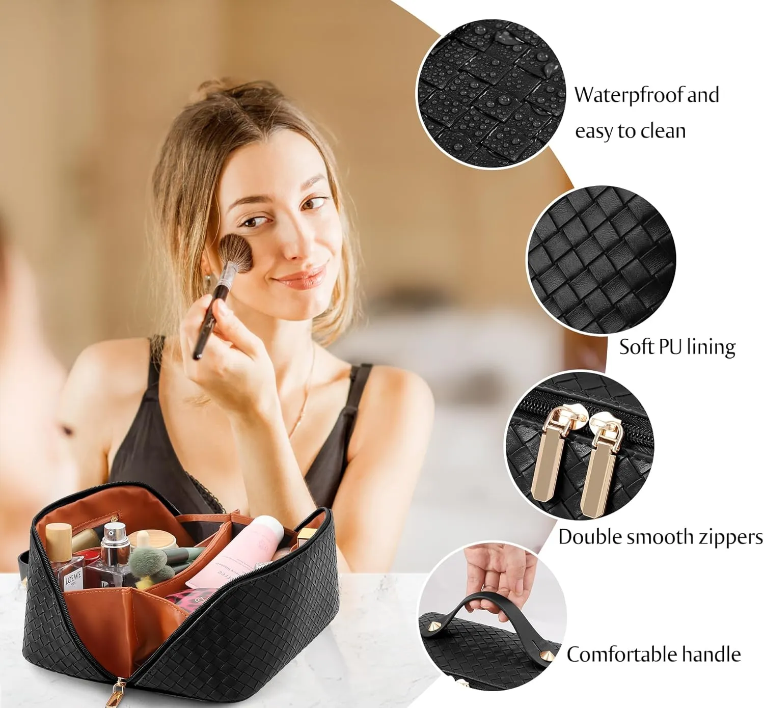 Large Capacity Travel Cosmetic Bag - Portable Makeup Bags for Women Waterproof PU Leather Checkered Makeup Organizer Bag with Dividers and Handle,Toiletry Bag for Cosmetics