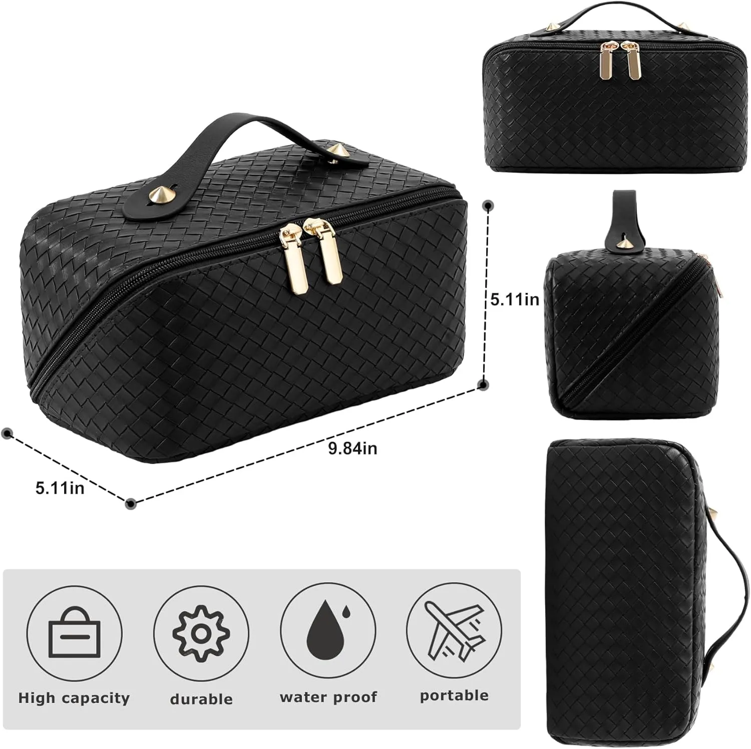 Large Capacity Travel Cosmetic Bag - Portable Makeup Bags for Women Waterproof PU Leather Checkered Makeup Organizer Bag with Dividers and Handle,Toiletry Bag for Cosmetics