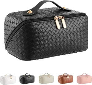 Large Capacity Travel Cosmetic Bag - Portable Makeup Bags for Women Waterproof PU Leather Checkered Makeup Organizer Bag with Dividers and Handle,Toiletry Bag for Cosmetics